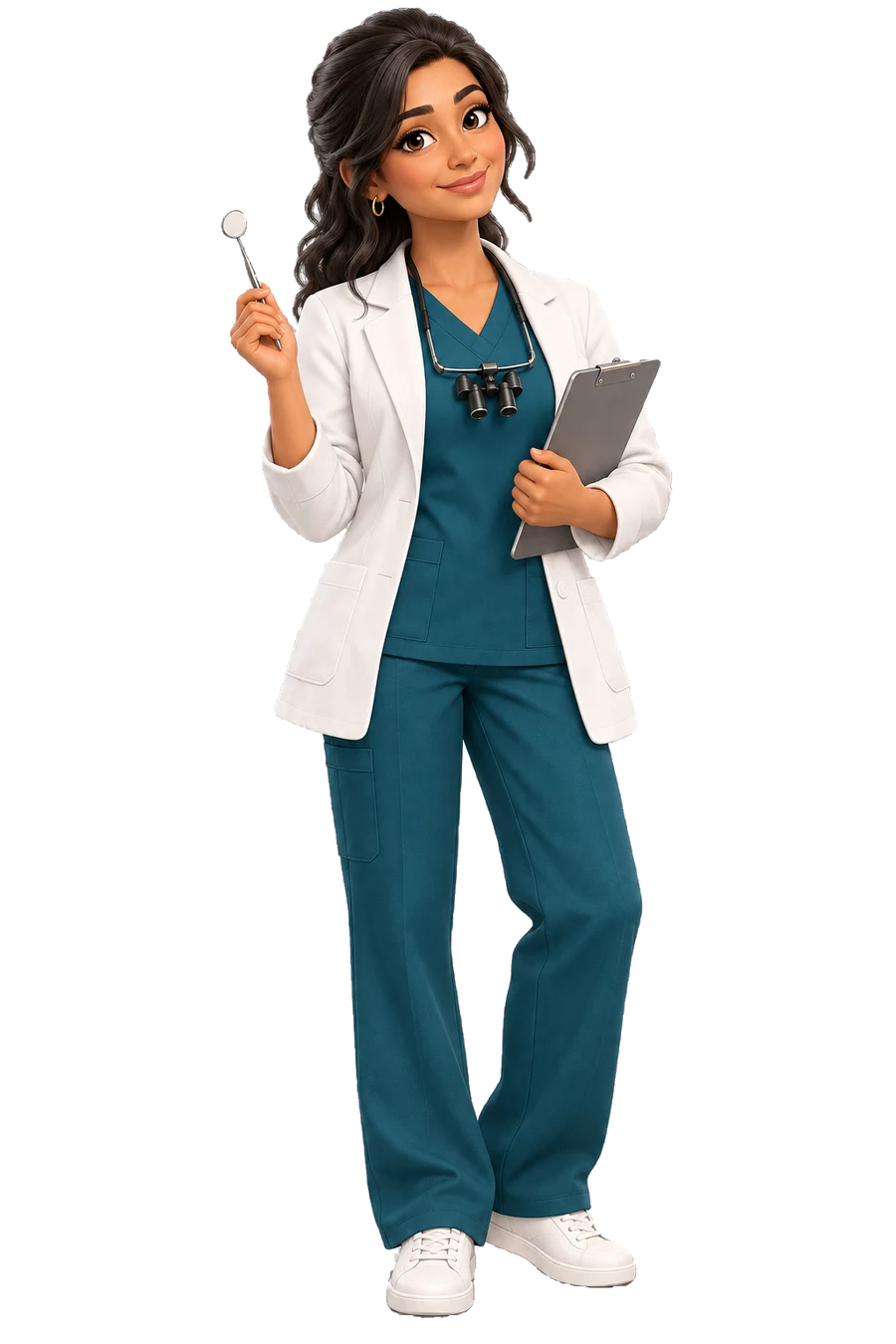 A smiling female dentist with dark hair, dental loupes and clinical attire.