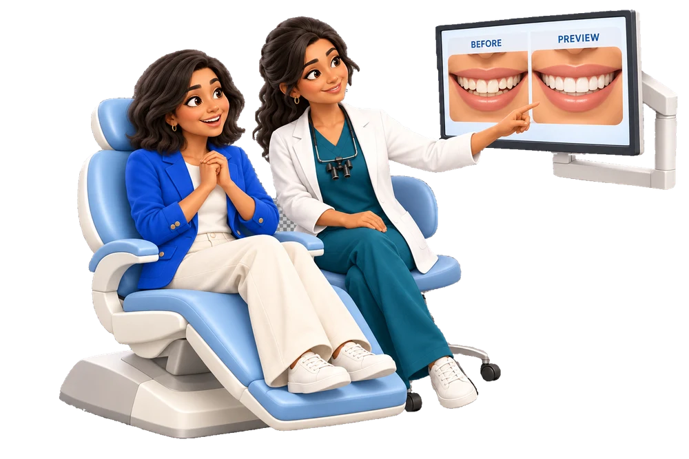 Illustration of the same patient seated happily in a dental chair while the dentist points to a screen showing an illustrative before-and-after smile preview.